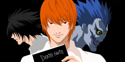 4K Ultra HD anime wallpaper featuring Light Yagami holding the Death Note, with L and Ryuk in the background from the series Death Note.