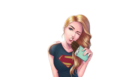 Illustration of a blonde, blue-eyed woman in a Superman shirt biting chocolate, styled as a DC Comics Spider-Girl-themed 4K Ultra HD PC wallpaper.