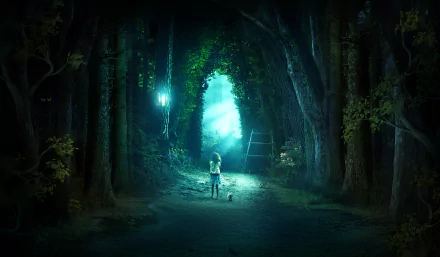 A little girl and a cat stand on a mysterious forest path illuminated by a glowing light, creating a fantasy scene in this HD PC desktop wallpaper.