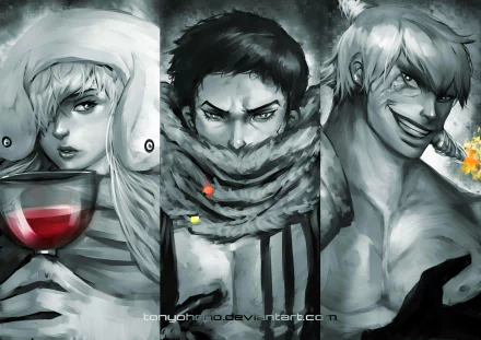 Black and white 4K Ultra HD anime wallpaper featuring Charlotte Smoothie and two other characters from One Piece with intense and confident expressions.