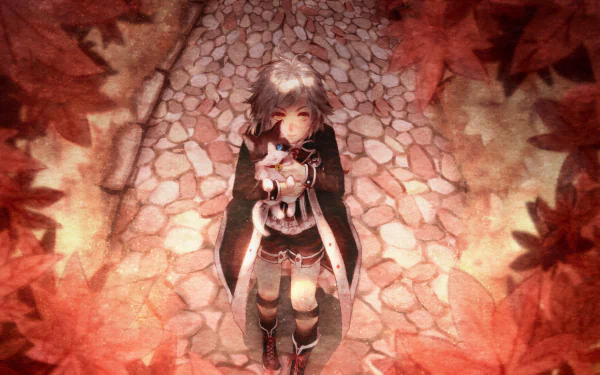 HD anime wallpaper featuring Atsushi Nakajima from Bungou Stray Dogs, standing on a cobblestone path surrounded by autumn leaves in warm, earthy tones.