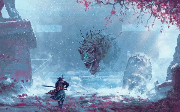 Fantasy HD wallpaper featuring an oriental samurai warrior facing a mystical tiger creature under a blossom tree, set in a dreamy snow-covered landscape.