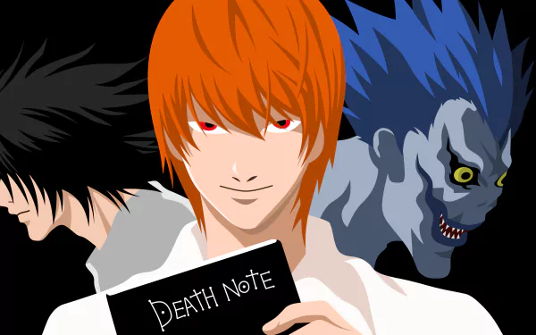 4K Ultra HD anime wallpaper featuring Light Yagami holding the Death Note, with L and Ryuk in the background from the series Death Note.