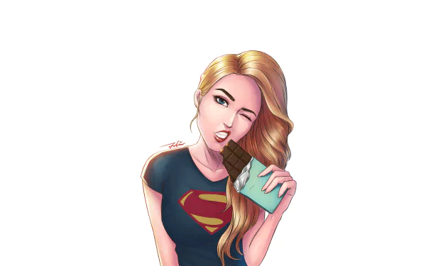 Illustration of a blonde, blue-eyed woman in a Superman shirt biting chocolate, styled as a DC Comics Spider-Girl-themed 4K Ultra HD PC wallpaper.