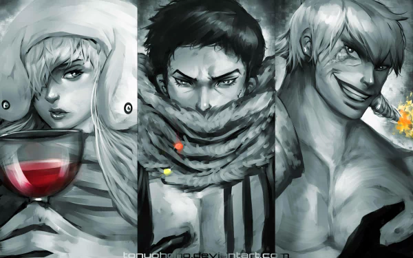 Black and white 4K Ultra HD anime wallpaper featuring Charlotte Smoothie and two other characters from One Piece with intense and confident expressions.