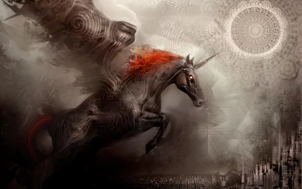 A majestic pegasus gallops through a mystic landscape, featuring intricate patterns and a dreamy atmosphere, creating a captivating fantasy wallpaper for your desktop.