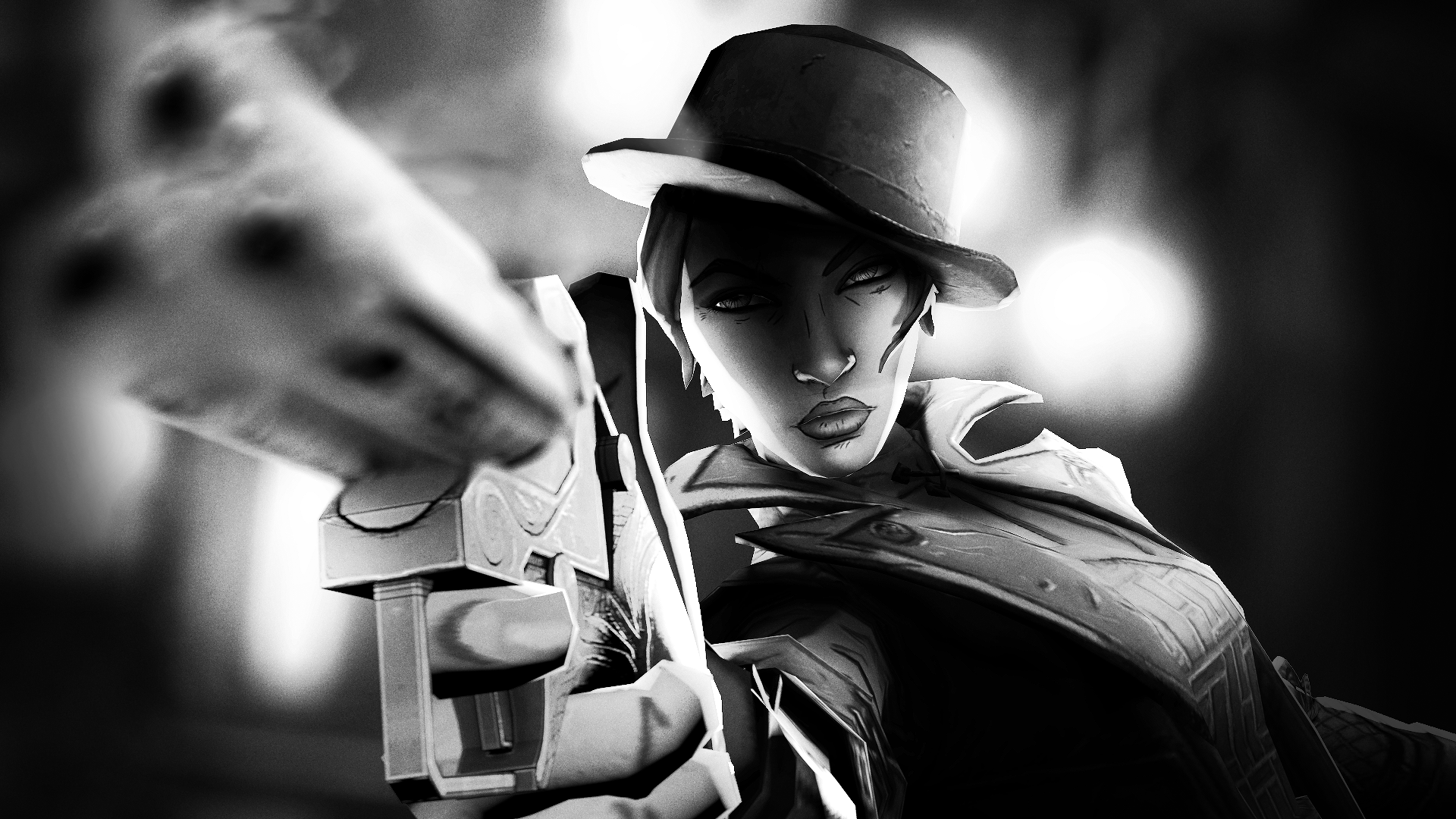 Borderlands video game HD PC desktop wallpaper and background: monochrome close-up of a female gunslinger in a fedora pointing a revolver at the viewer, stylized comic-cell shading.