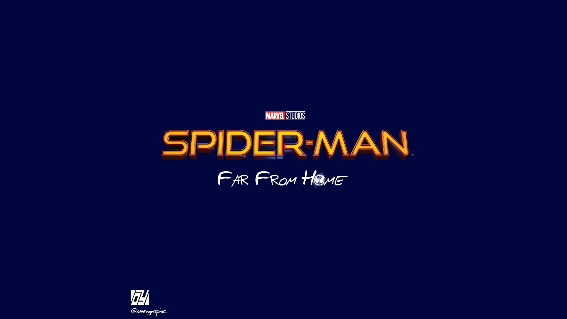 HD PC desktop wallpaper featuring the Spider-Man: Far From Home movie title logo on a dark blue background.