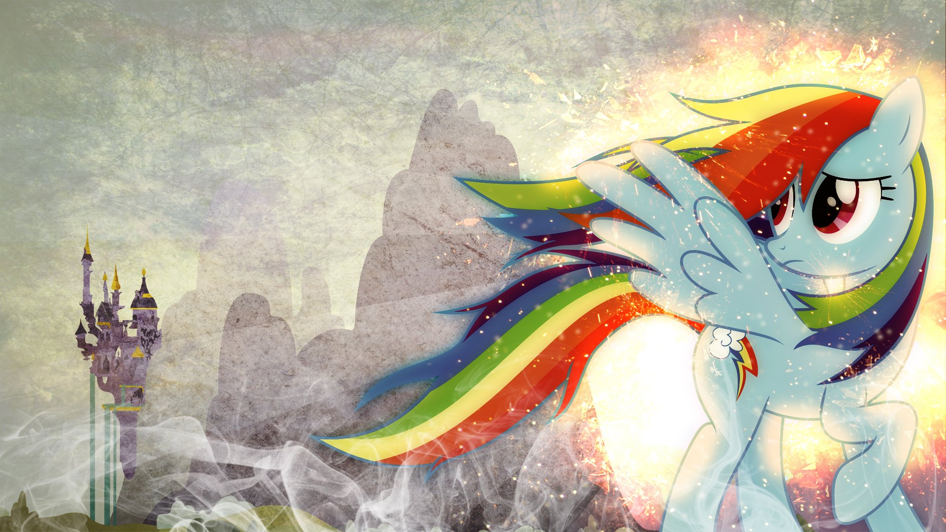 HD PC desktop wallpaper from the TV show My Little Pony: Friendship Is Magic showing Rainbow Dash, a rainbow‑mane pegasus, against a textured sky with mist and a distant castle.