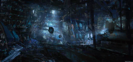 Dark, atmospheric HD Portal 2 PC desktop wallpaper showcasing a detailed underground testing chamber with holographic elements and sci-fi design.