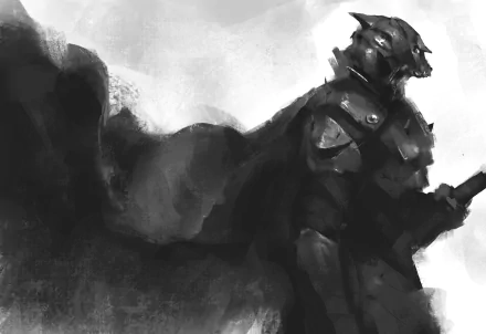 A dark, shadowy fantasy knight in heavy armor with a flowing cape, rendered in striking black and white for a 4K Ultra HD PC desktop wallpaper.