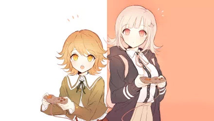 HD wallpaper featuring anime characters Chiaki Nanami and Chihiro Fujisaki from Danganronpa, playing video games with controllers in hand. The background is divided into white and peach halves.