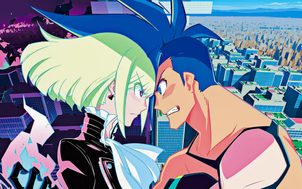 HD anime wallpaper featuring Lio Fotia and Galo Thymos from Promare, poised face-to-face against a vibrant cityscape background.