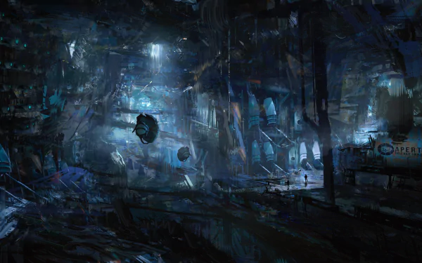 Dark, atmospheric HD Portal 2 PC desktop wallpaper showcasing a detailed underground testing chamber with holographic elements and sci-fi design.