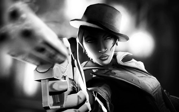 Borderlands video game HD PC desktop wallpaper and background: monochrome close-up of a female gunslinger in a fedora pointing a revolver at the viewer, stylized comic-cell shading.