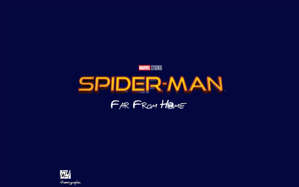 HD PC desktop wallpaper featuring the Spider-Man: Far From Home movie title logo on a dark blue background.
