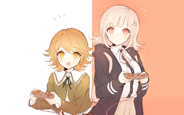 HD wallpaper featuring anime characters Chiaki Nanami and Chihiro Fujisaki from Danganronpa, playing video games with controllers in hand. The background is divided into white and peach halves.