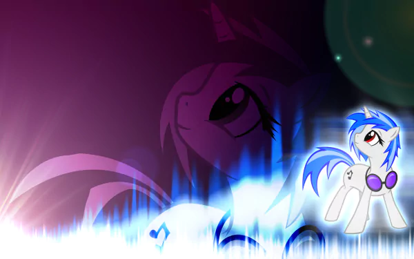 HD PC desktop wallpaper/background from TV show My Little Pony: Friendship Is Magic, showing a glowing white-and-blue pony (DJ Pon-3/Vinyl Scratch) against purple and neon blue soundwave effects.