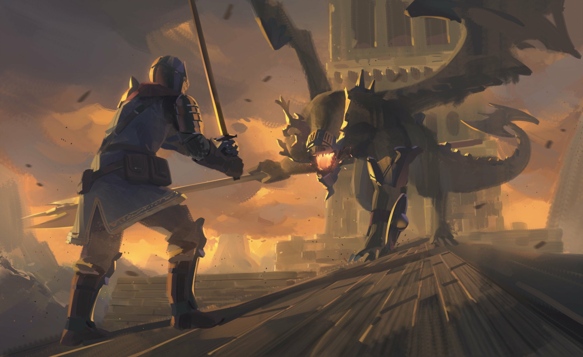 2K Quad HD PC desktop wallpaper and background: armored fantasy knight/warrior clashes in a brutal sword fight with a towering creature on a war-torn battlement.