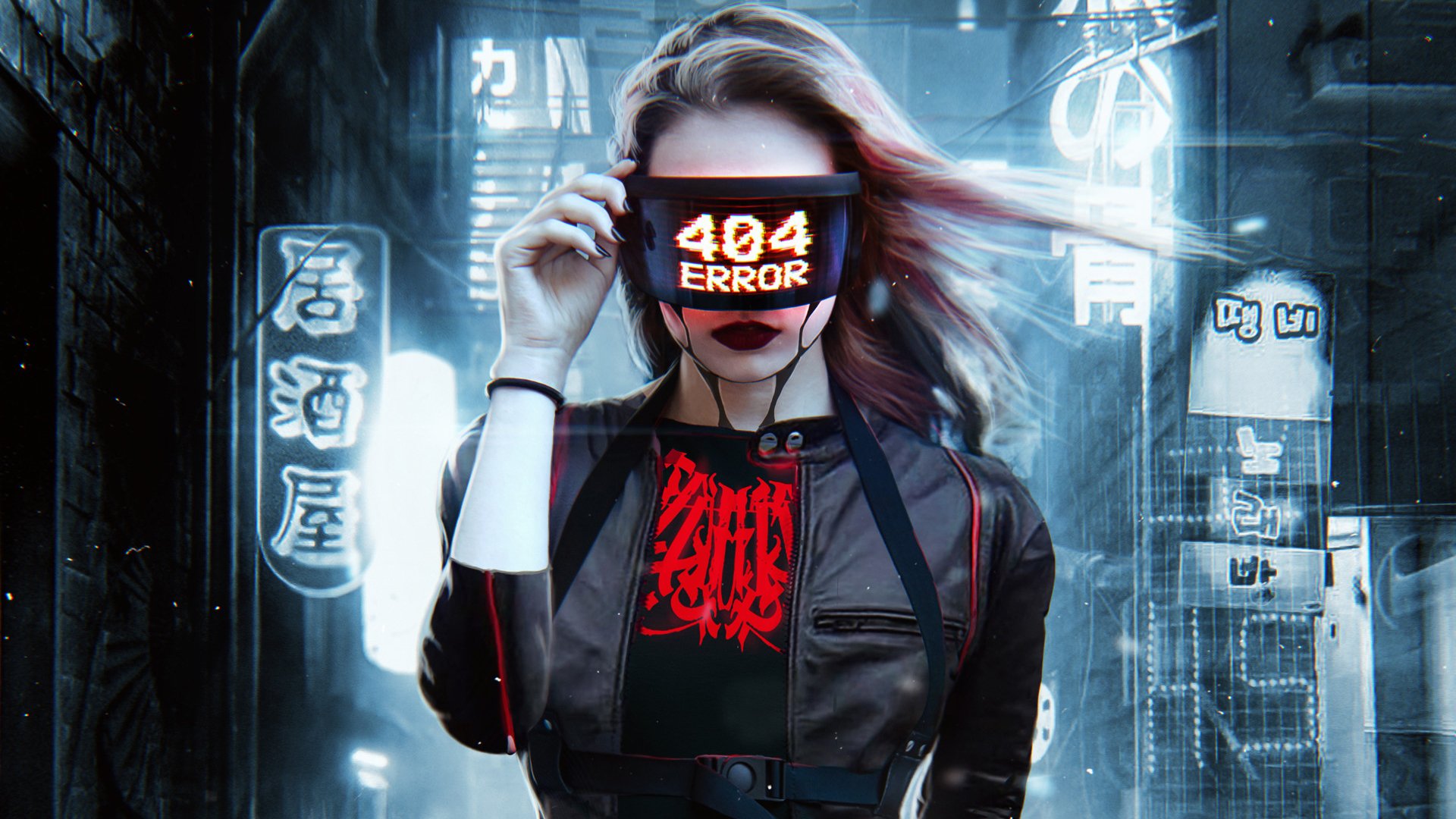 HD PC desktop wallpaper featuring a futuristic woman with a 404 ERROR digital display over her face, set against a neon-lit cyberpunk cityscape backdrop.