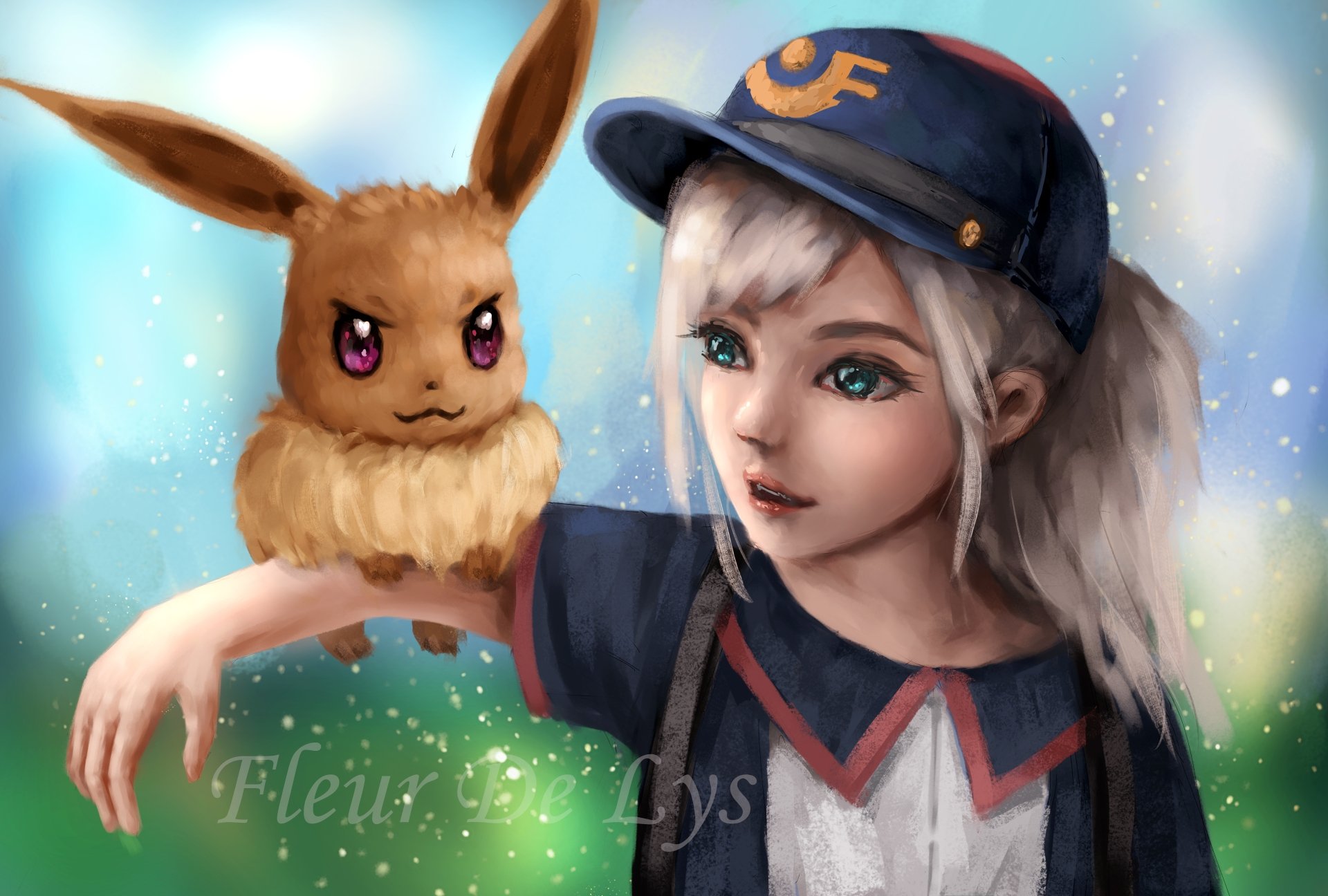 Digital artwork of a young Trainer with Eevee from Pokémon Go, rendered in 8K Ultra HD as a vibrant PC desktop wallpaper.