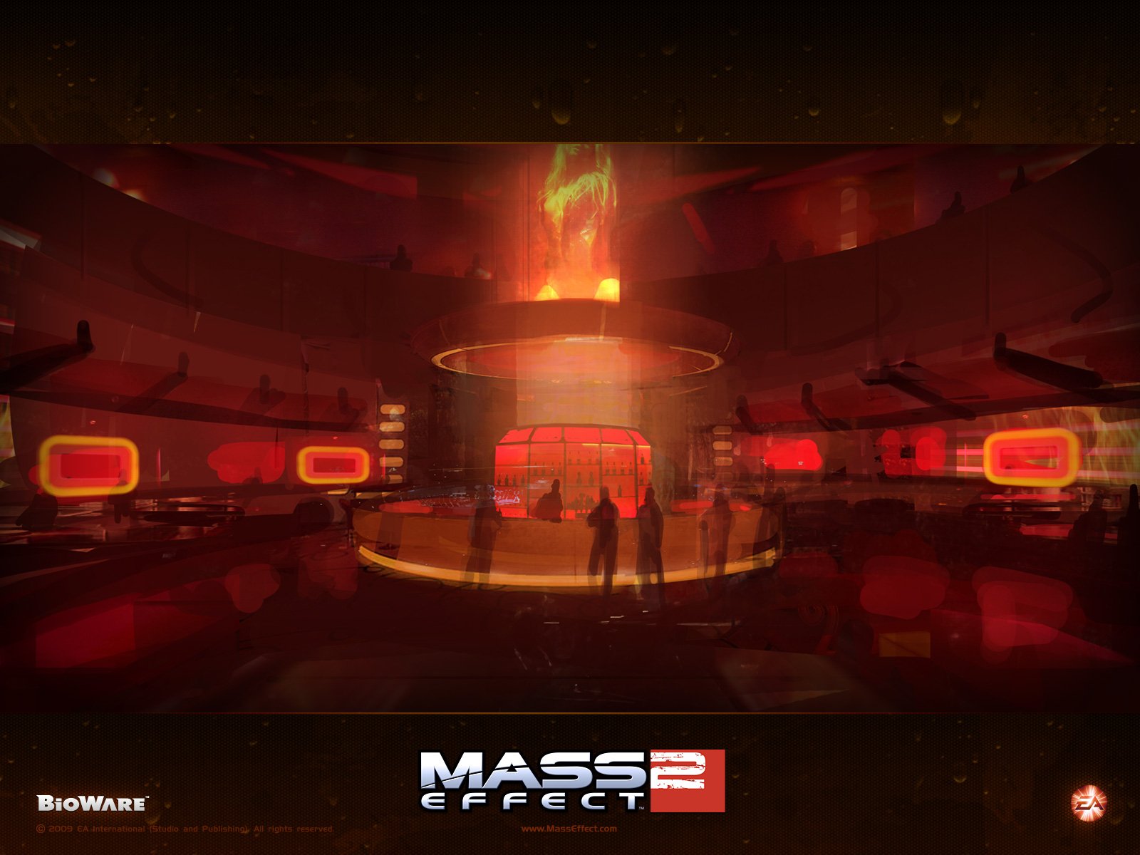 Video game HD PC desktop wallpaper/background — Mass Effect 2: red-lit futuristic nightclub scene with silhouetted figures gathered around a glowing central bar.