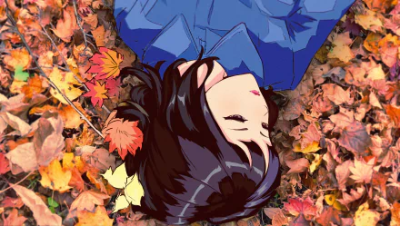 HD anime-style original artwork of a girl with dark hair lying among colorful autumn leaves, designed as a vibrant PC desktop wallpaper.