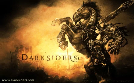 A striking HD wallpaper from the video game Darksiders featuring a warrior on a rearing horse against a dramatic, fiery backdrop, showcasing the game's epic aesthetic.