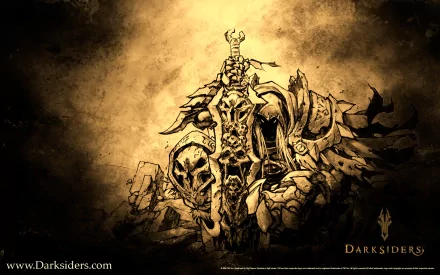 HD PC desktop wallpaper from the video game Darksiders features a detailed, sepia-toned illustration of an armored warrior wielding a large sword.