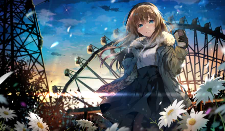 HD desktop wallpaper of an original anime artwork featuring a girl with long hair, standing amidst daisies with a Ferris wheel and a sunset sky in the background.