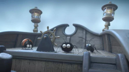 HD PC desktop wallpaper from the movie Minuscule 2: Mandibles From Far Away — three wide-eyed cartoon spiders on a wooden ship deck beneath lanterns, cool blue lighting