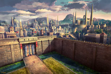 HD desktop wallpaper of a fantasy city with towering buildings and gates surrounded by walls, set against a backdrop of mountains and a sky with scattered clouds.