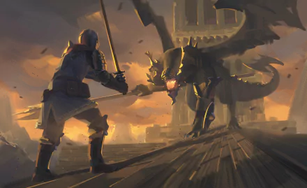 2K Quad HD PC desktop wallpaper and background: armored fantasy knight/warrior clashes in a brutal sword fight with a towering creature on a war-torn battlement.