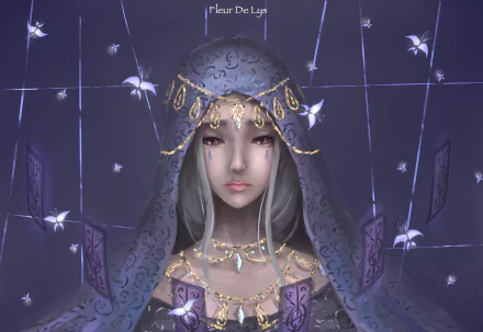 Fantasy HD PC desktop wallpaper featuring a mystical woman with silver hair, adorned in intricate jewelry and a patterned veil, surrounded by glowing butterflies.