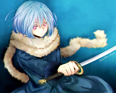 HD anime wallpaper featuring Rimuru Tempest from That Time I Got Reincarnated as a Slime, with striking blue hair and a sword against a blue background.
