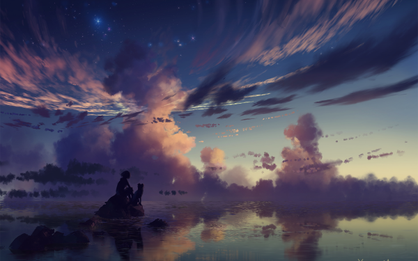 Anime Sunset Water Stars Cloud Dog HD Wallpaper | Background Image