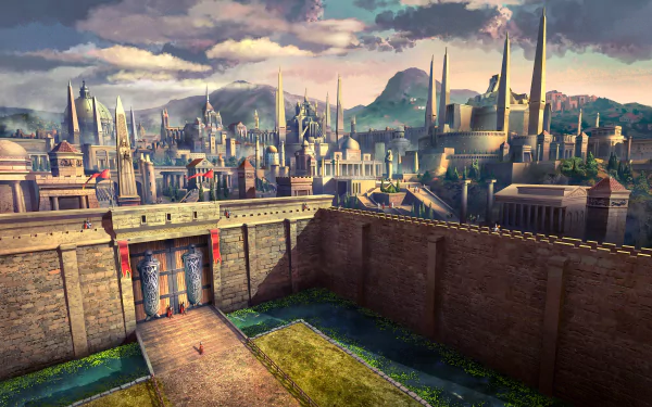 HD desktop wallpaper of a fantasy city with towering buildings and gates surrounded by walls, set against a backdrop of mountains and a sky with scattered clouds.