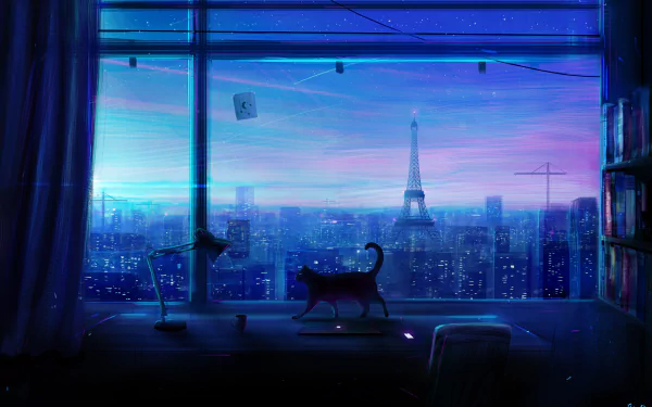Anime-style HD wallpaper featuring a silhouetted cat on a windowsill overlooking a starry sky and a cityscape, with an illuminated Eiffel Tower in the background.