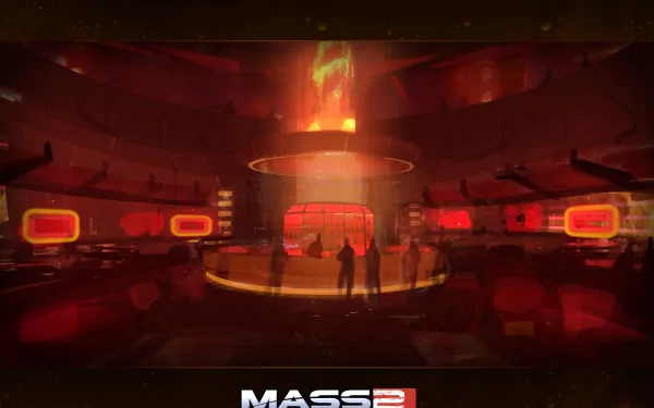 Video game HD PC desktop wallpaper/background — Mass Effect 2: red-lit futuristic nightclub scene with silhouetted figures gathered around a glowing central bar.