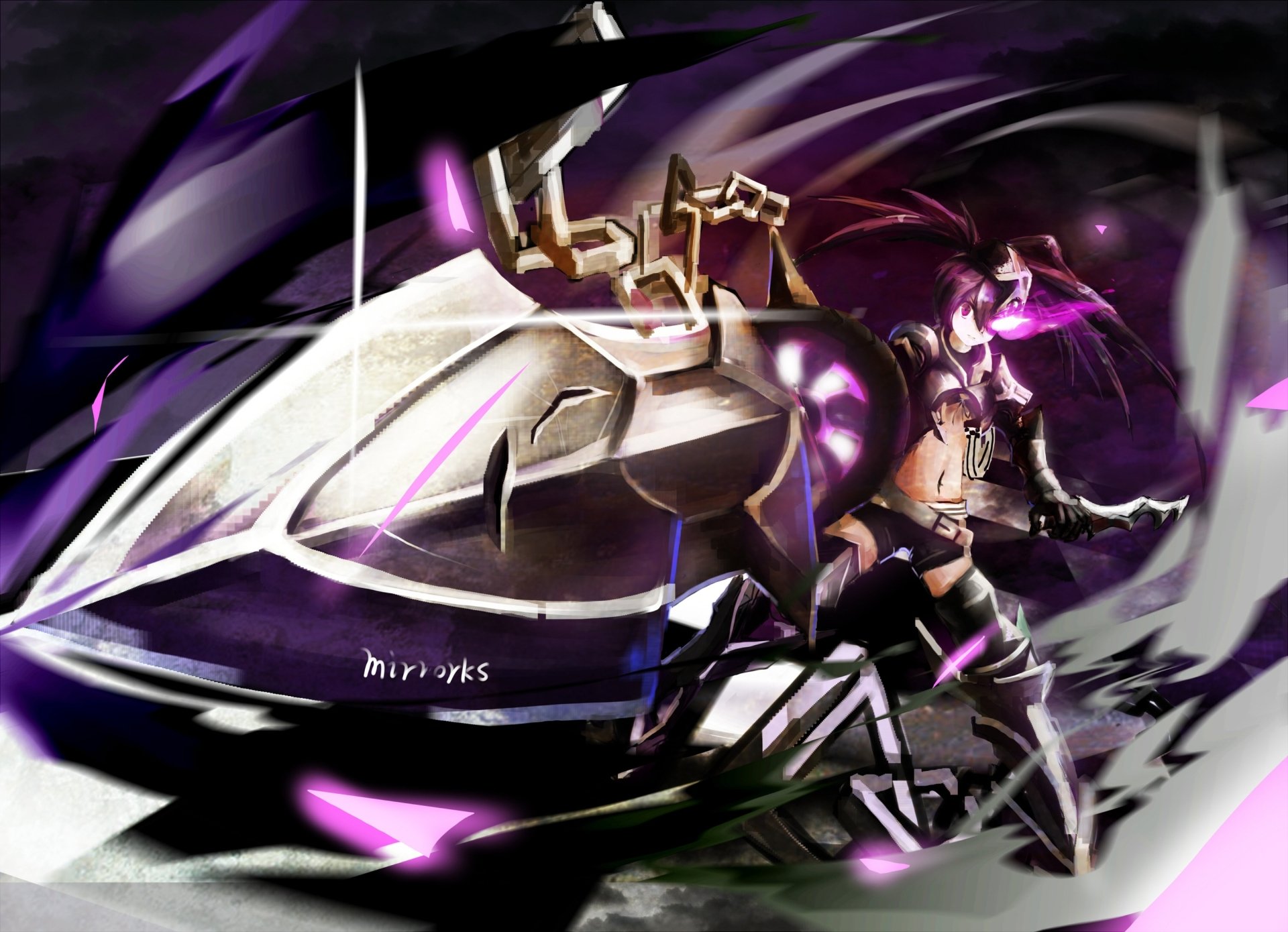 HD anime desktop wallpaper featuring Black Rock Shooter in dynamic action pose with glowing purple accents and bold, dark background elements.