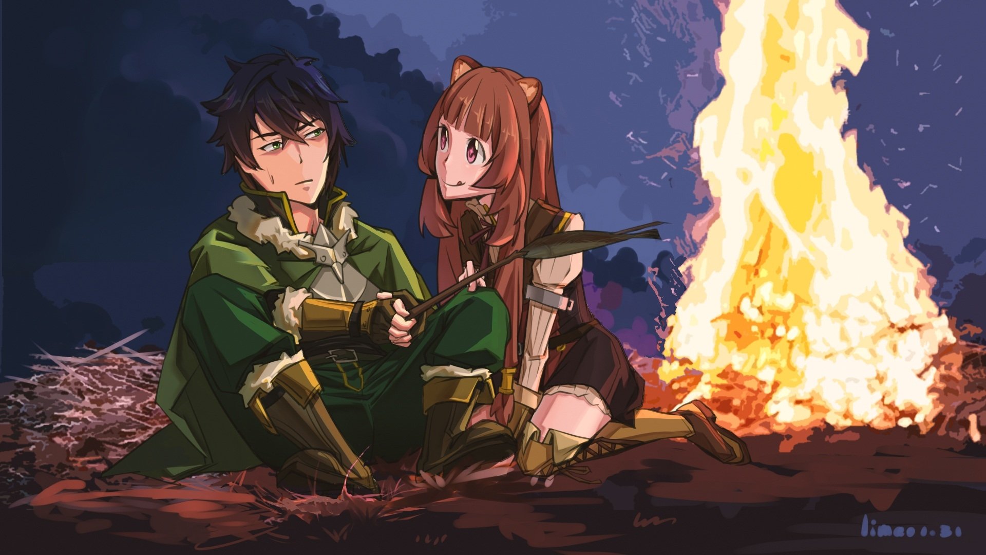 HD anime wallpaper featuring Naofumi Iwatani and Raphtalia from The Rising of the Shield Hero sitting by a campfire.