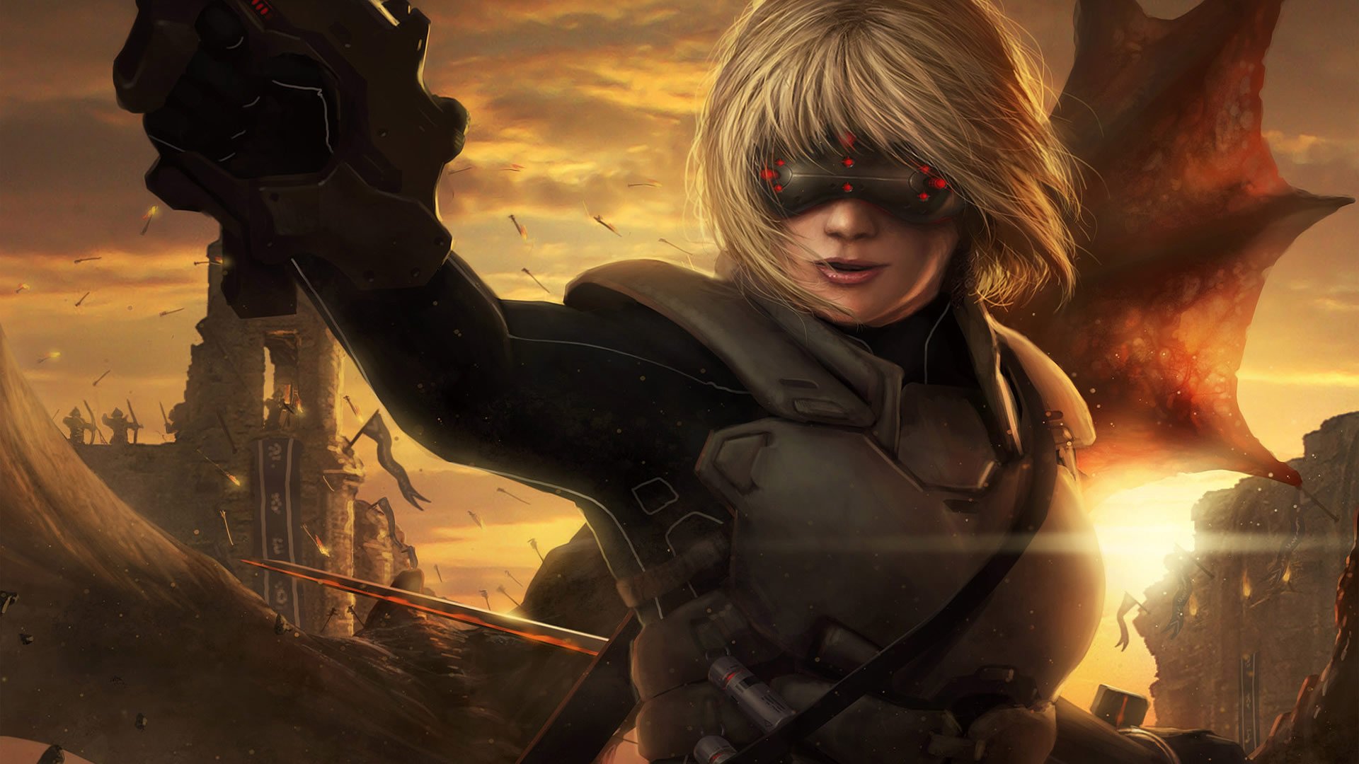 HD fantasy PC desktop wallpaper featuring a mysterious woman in dark armor with glowing red eyes, set against a fiery, war-torn background.