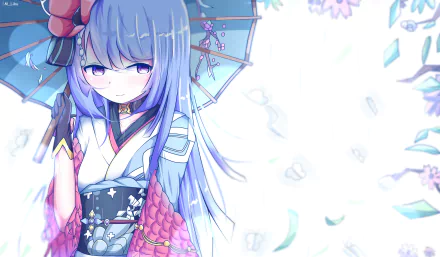 HD wallpaper of Helena from Azur Lane, featuring an anime-styled character with long blue hair, holding an umbrella, set against a light background with falling petals.