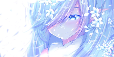 HD PC desktop wallpaper featuring a close-up of a white-haired anime character with blue eyes, surrounded by white flowers, from the video game Dragon Nest.