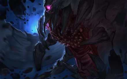 Dark, menacing goblin creature from the anime Goblin Slayer, depicted in intense detail as an HD PC desktop wallpaper background.