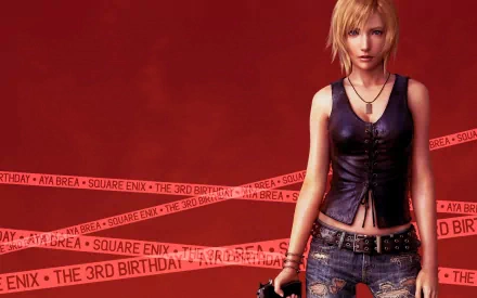 A vibrant HD wallpaper featuring Aya Brea from the video game Parasite Eve: The 3rd Birthday, set against a striking red background with stylish text accents.