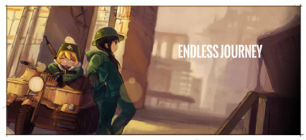 HD anime desktop wallpaper featuring Yuuri and Chito from Girls' Last Tour standing in a muted urban setting with the text Endless Journey.