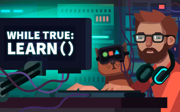 HD desktop wallpaper of a person and a cat with VR headsets in front of a monitor displaying while True: learn().