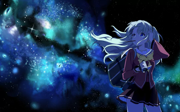 HD desktop wallpaper featuring Nao Tomori from the anime Charlotte, set against a cosmic background with vibrant blue and green hues. She stands in a thoughtful pose, creating a captivating scene.
