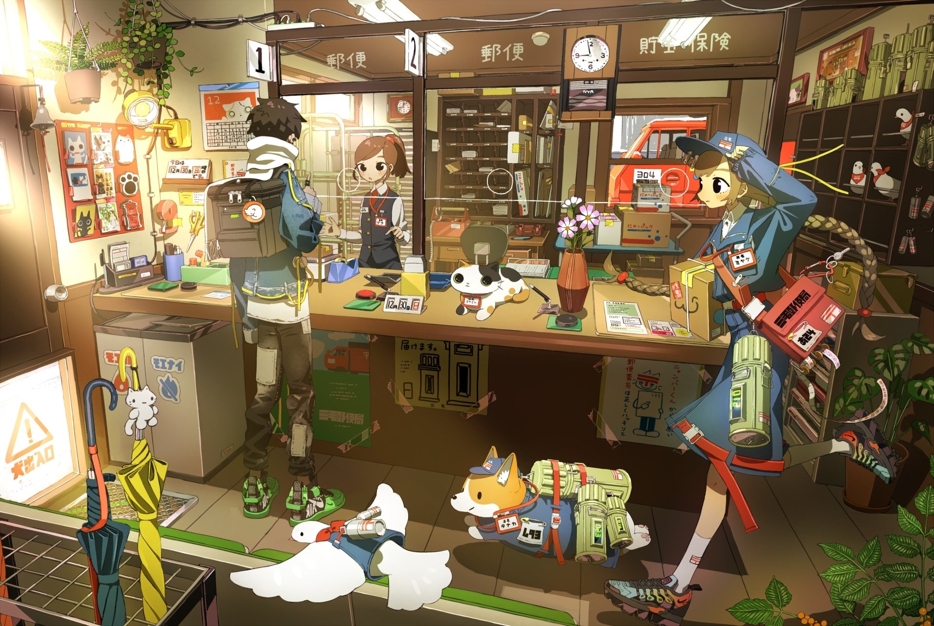 HD anime wallpaper featuring people and a dog inside a vibrant shop. The detailed background and lively mood make it an engaging desktop scene.